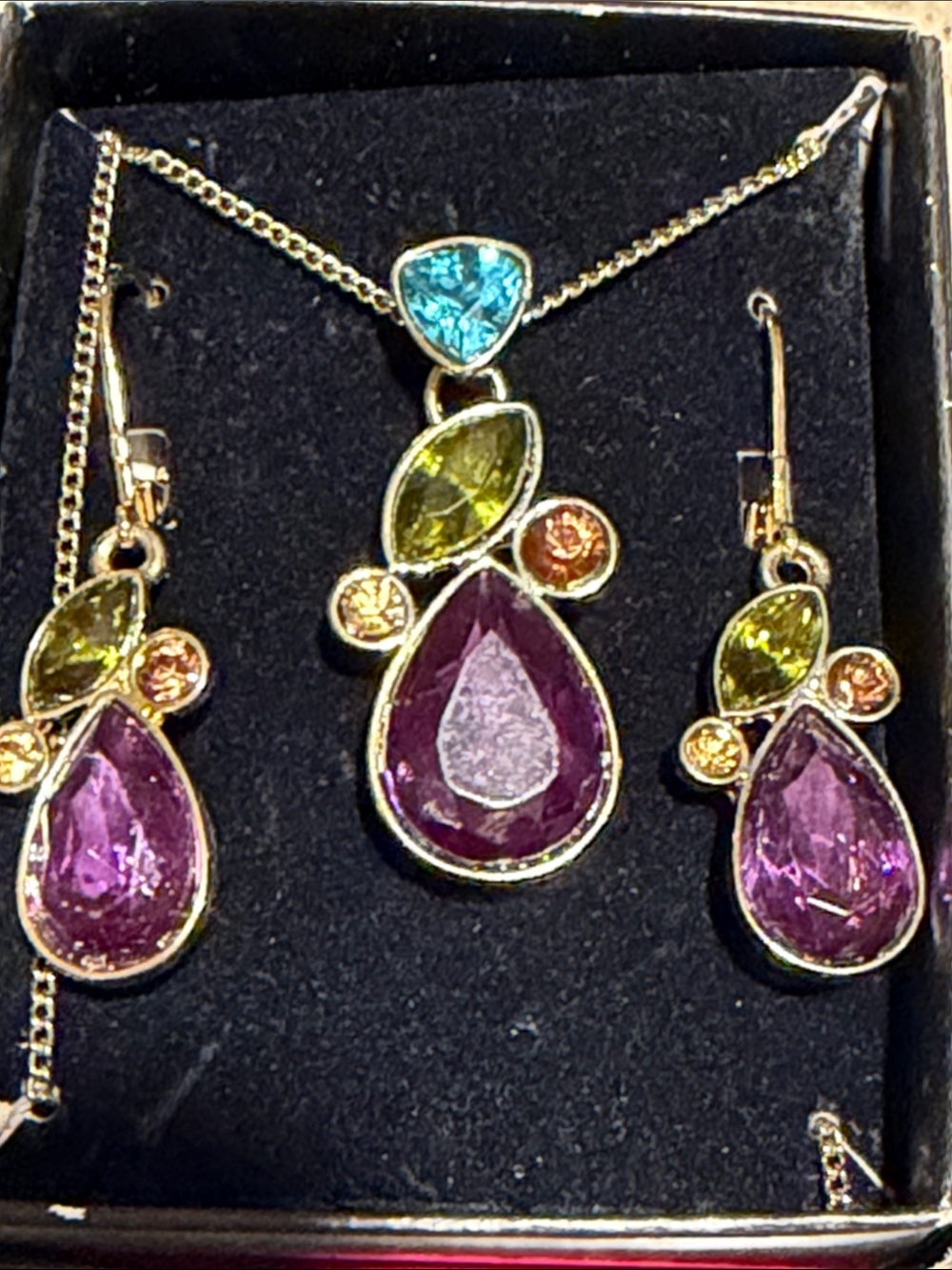 Multigem Teardrop Pendant Necklace and Earrings - Purple, Green, Blue, Peach